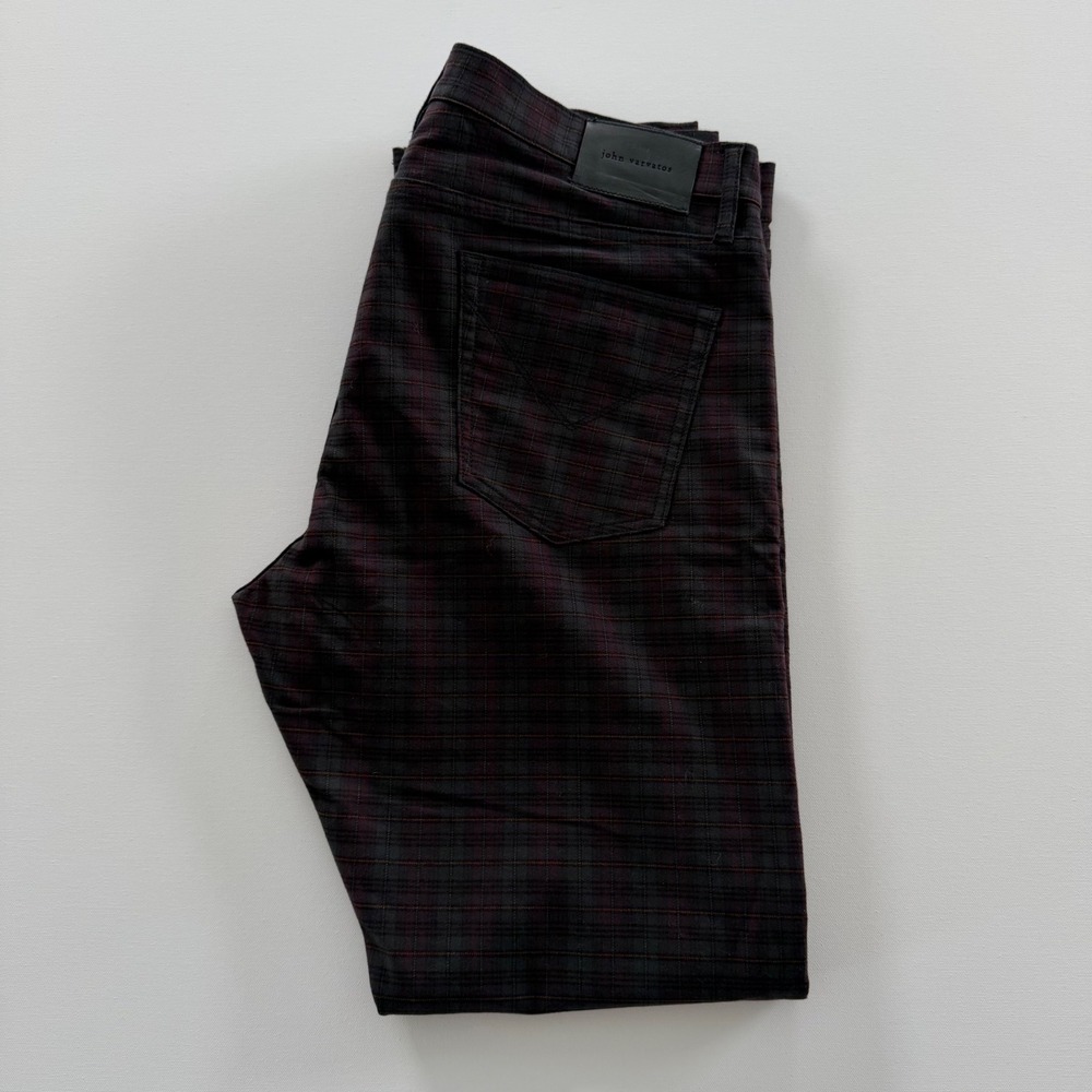 John Varvatos JV 701 Regular Plaid Pants Mens 38 Burgundy Grey 5-Pocket Trousers
